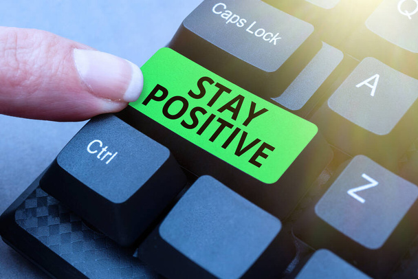 Handwriting text Stay Positive. Business overview Engage in Uplifting Thoughts Be Optimistic and Real Abstract Gathering Investigation Clues Online, Presenting Internet Ideas - Foto, Bild