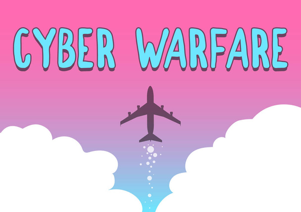 Konzeptionelle Cyber-Kriegsführung. Word for Virtual War Hackersystem greift digitalen Dieb Stalker Illustration des Flugzeugs, das schnell geradeaus in den Himmel startet. - Foto, Bild