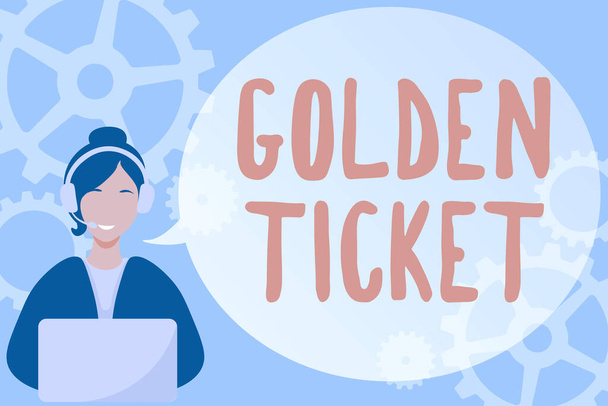 Inspiration showing sign Golden Ticket. Word Written on Rain Check Access VIP Passport Box Office Seat Event Lady Call Center Illustration With Headphones Speech Bubble Conversation. - Photo, Image