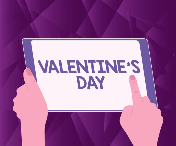 Conceptual caption Valentine S Day. Conceptual photo time when showing show feelings of love and affection Illustration Of A Hand Using Tablet Searching For New Amazing Ideas. - Photo, Image
