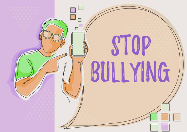 Inspiration showing sign Stop Bullying. Business showcase Fight and Eliminate this Aggressive Unacceptable Behavior Line Drawing For Guy Holding Phone Presenting New Ideas With Speech Bubble. - Foto, Imagem