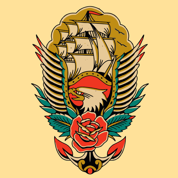 obra de arte águila con rosa y tatuaje de barco - Vector, imagen