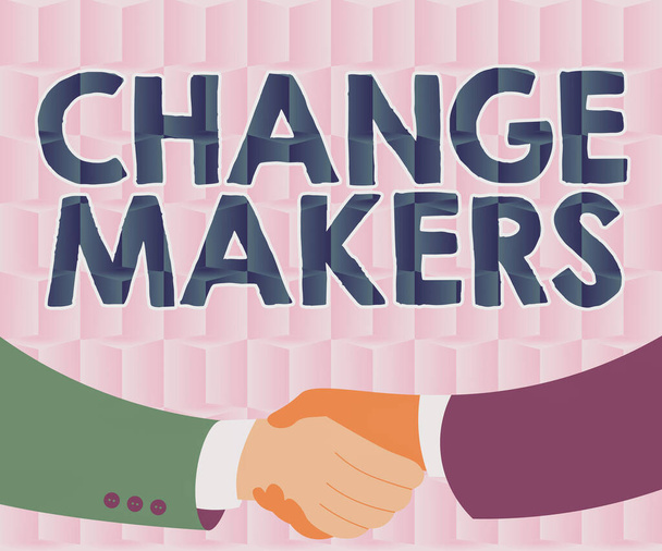 Εγγραφή εμφάνισης κειμένου Changemakers. Επιχειρηματική προσέγγιση Νεαρό Turk Επηρεάζει Acitivists Urbanization Μόδα Gen X Δύο άνδρες Σχέδιο με φόντο χαρτί Shake Hands Παρουσιάζοντας Συμφωνία - Φωτογραφία, εικόνα