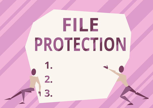 Sign displaying File Protection. Business overview Preventing accidental erasing of data using storage medium Two Men Illustration Trying To Lift Extra Large Rock To Free The Way. - Foto, immagini