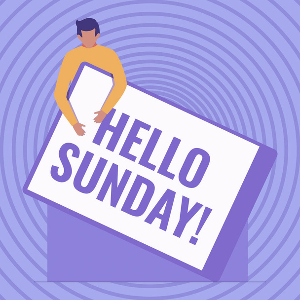 Text caption presenting Hello Sunday. Internet Concept inspired positive greeting for having a happy weekend Gentleman Drawing Holding A Huge Blank Clipboard. - Фото, изображение