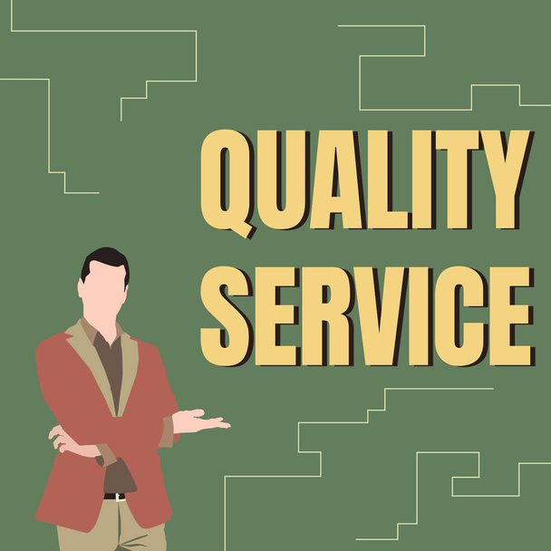 Sign displaying Quality Service. Business approach meeting the client s is expectation after dealing with them Illustration Of Businessman Wearing Coat Presenting New Wonderful Ideas. - Photo, Image