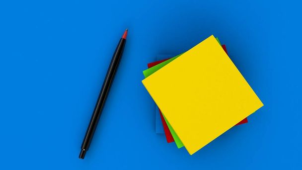 Mavi arkaplan, yapışkan not ve kalem kavramı - Fotoğraf, Görsel