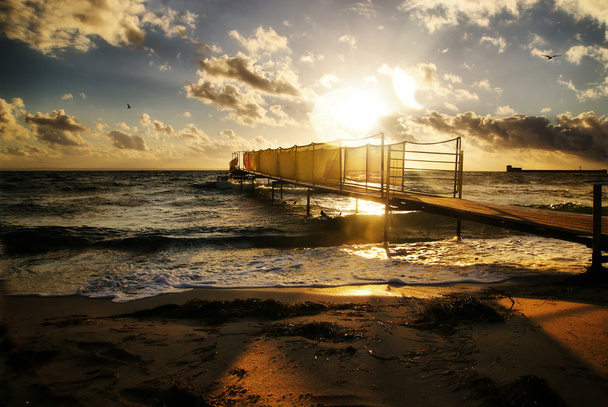 海の上の美しい、黄金の夕日 - 写真・画像