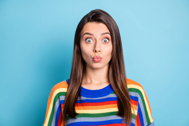 Photo portrait of cute lovely girl sending air kiss pouted lips staring isolated on vivid blue color background - Fotoğraf, Görsel