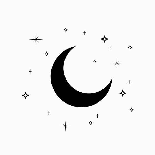 Arte lineal de la luna creciente negra esotérica mística con estrellas. Elemento astrológico de estilo místico celeste dibujado a mano, símbolo de contorno de brujería. Ilustración vectorial EPS - Vector, Imagen