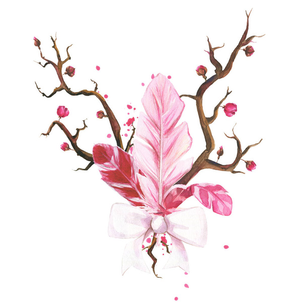 Hand drawn watercolor bouquet. branches wit sakura flowers, feathers and bow. - Photo, image
