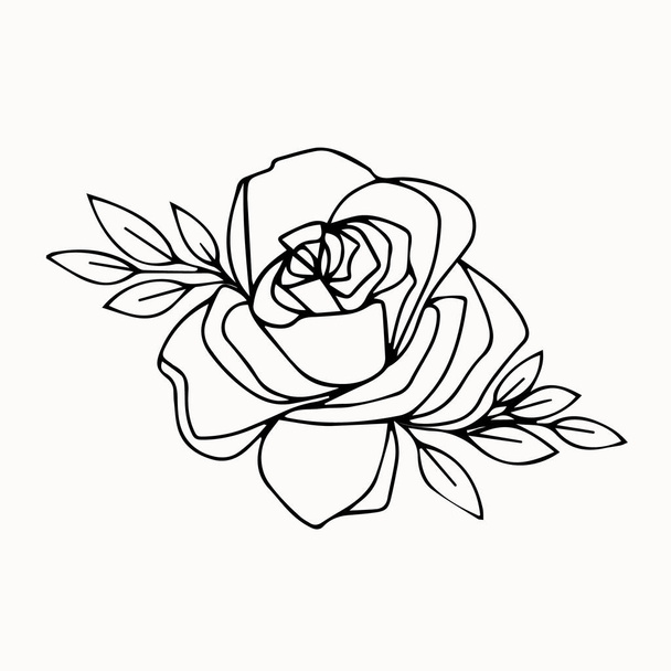 Line art of decorative hand drawn rose with leaves - Vector, Image