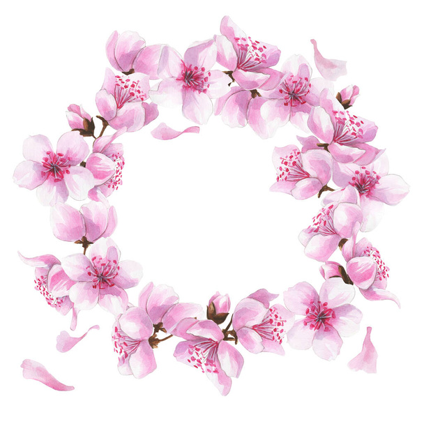 Hand drawn watercolor romantic wreath with pink sakura flowers. - Fotoğraf, Görsel