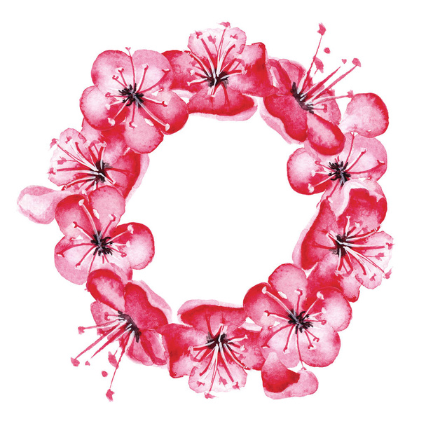 Hand drawn watercolor romantic wreath with pink sakura flowers. - Φωτογραφία, εικόνα