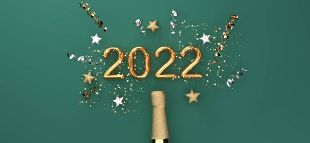 New Year 2022 celebration theme with a champagne bottle with confetti - 3D - Fotó, kép