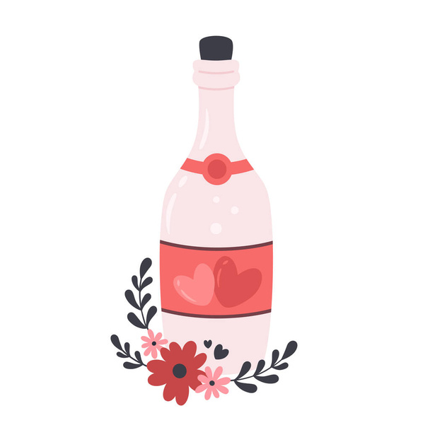 Şampanyalı bir şişe. Sevgililer günü, aşk, romantik konsept. Sevgililer Günü elementi. Vektör illüstrasyonu - Vektör, Görsel