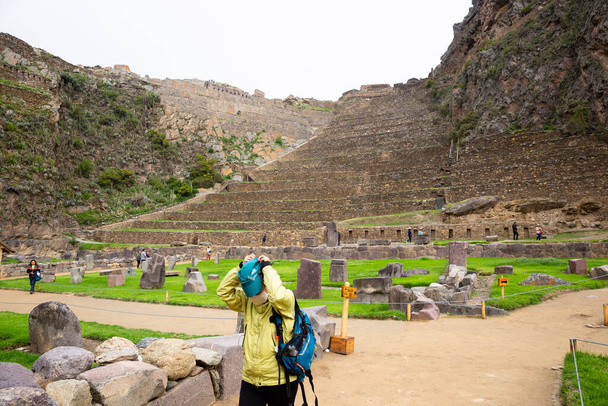 Ollantaytambo, a fortress and city of Incas in Cusco Peru. Ancient building in Sacred Valley in Peruvian Andes. - Фото, изображение