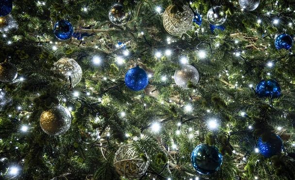 background of christmas tree, decorations and lights - Photo, image