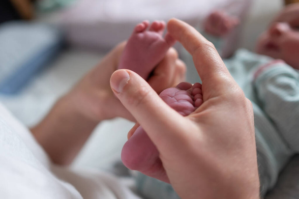Baby feet in father hands. Parent massaging leg of newborn. - Φωτογραφία, εικόνα