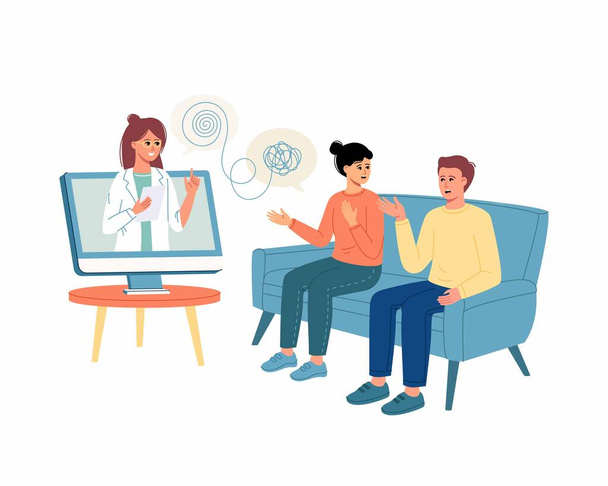Couple decides mental problems on private online counseling. Online counseling. Patients at psychological consultation.  Male and female psychology. Psychotherapy. Psychological help. Modern flat cartoon style. Vector illustration - Vettoriali, immagini