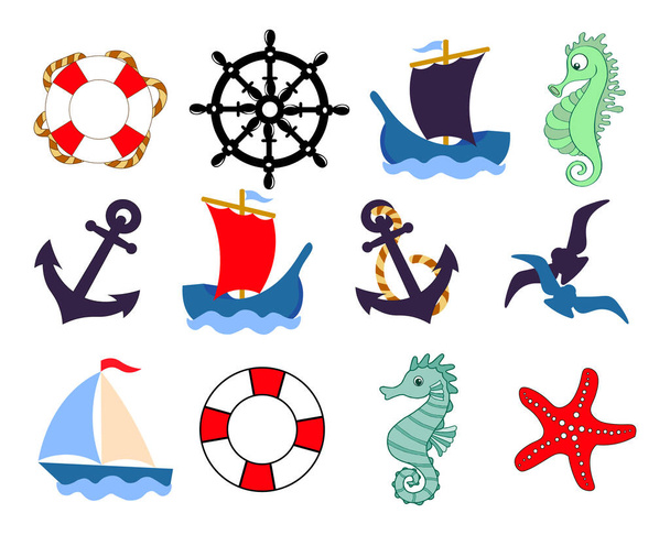 Set of icons on the marine theme. Ships, anchor, lifebuoy, sailboats and other items in blue and red colors. Stickers. - Vettoriali, immagini