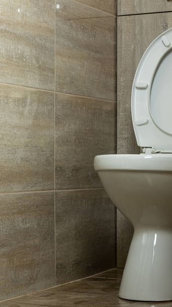 Toilet with a white toilet on the background of walls lined with large tiles - Photo, Image