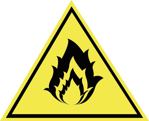 Ilustracja wektorowa ikony sygnalizacyjnej płomienia ognia w trójkątnej i żółtej podstawie, w koncepcji materiału łatwopalnego - Wektor, obraz