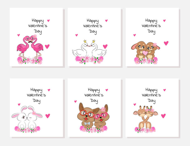 Set of valentines trend design enamored animals flamingos swans hares dogs giraffes greeting card with greeting text and trendy hearts on white background editable text vector illustration - Vector, Image