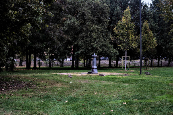 Publiczna fontanna w parku z drzewami w tle - Zdjęcie, obraz