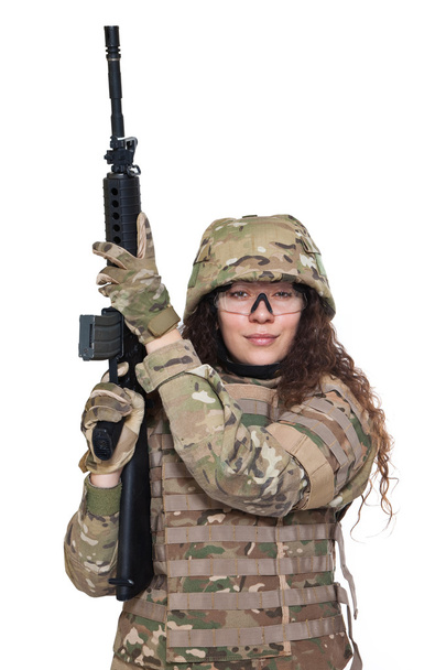 Beautiful army girl with rifle - Фото, изображение