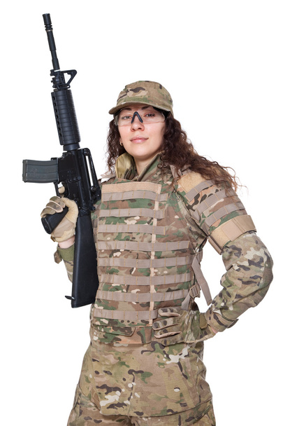 Beautiful army girl with rifle - 写真・画像