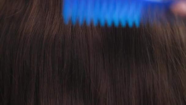 Gesundheit und Schönheit, schöne weibliche dunkle gesunde Haarkamm mit einem Kamm, Nahaufnahme - Filmmaterial, Video