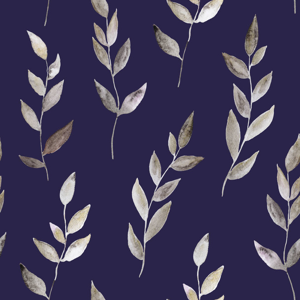 Watercolor seamless pattern with golden shimmering abstract plants and leaves for fabric and design. - Фото, изображение