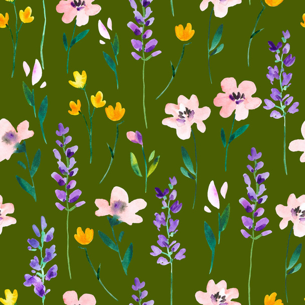 Watercolor seamless pattern with wild meadow flowers and lavender branches. Original hand drawn nature print for decor and textile design. - Foto, Bild