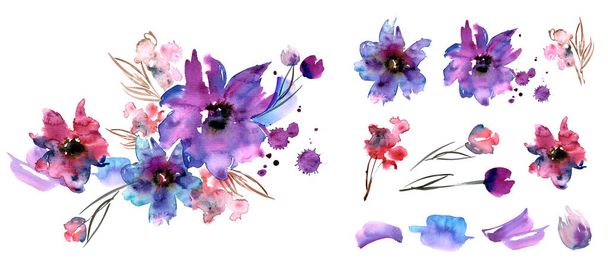 Éléments floraux aquarelle pour la conception de cartes de vœux, invitations - Photo, image