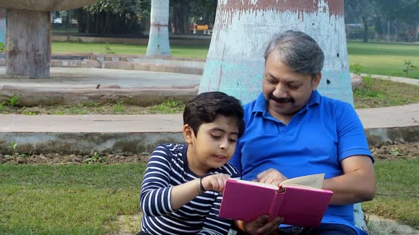 公園で一緒に本を読んでいる愛らしい少年と彼の祖父。公園で一緒に座っている老人と小さな子供-レジャー時間、フレンドリーな家族、 3世代、幸せな子供時代 - 映像、動画