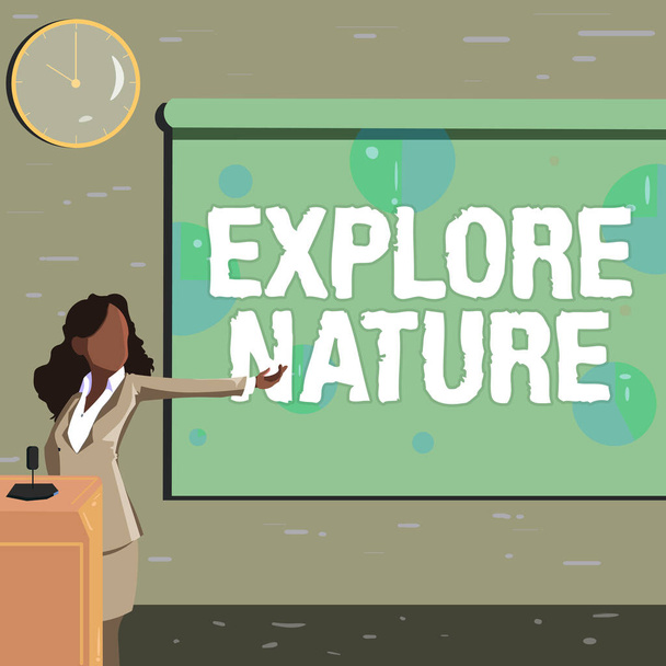 Text caption presenting Explore Nature. Internet Concept Reserve Campsite Conservation Expedition Safari park Lady Drawing Standing Holding Projector Remote Control Presenting Pie Charts - Фото, изображение