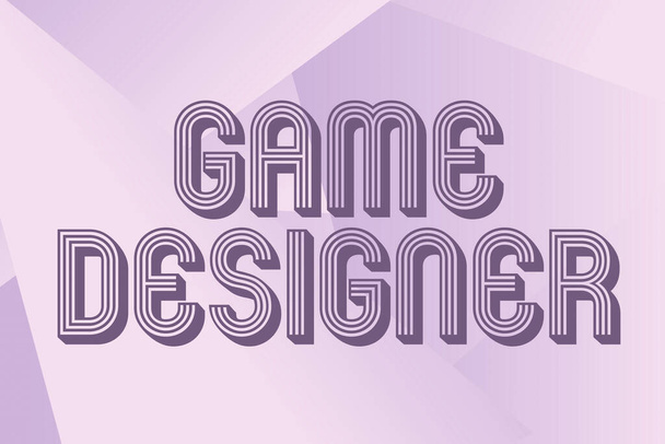 Játéktervezőt ábrázoló szöveges tábla. Üzleti kirakat Campaigner Pixel Scripting Programozók konzolok 3D grafika vonal Illusztrált hátterek különböző formák és színek. - Fotó, kép