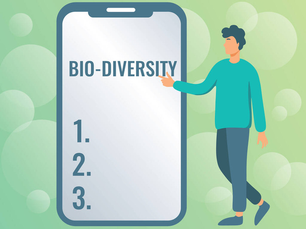 Writing displaying text Bio Diversity. Word Written on Variety of Life Organisms Marine Fauna Ecosystem Habitat Man Drawing Standing Next To A Large Phone Pointing Out Technologies. - Foto, immagini