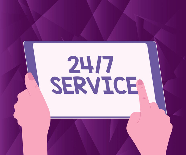 Hand writing sign 24 Or 7 Service. Business concept Always available to serve Runs constantly without disruption Illustration Of A Hand Using Tablet Searching For New Amazing Ideas. - Photo, Image