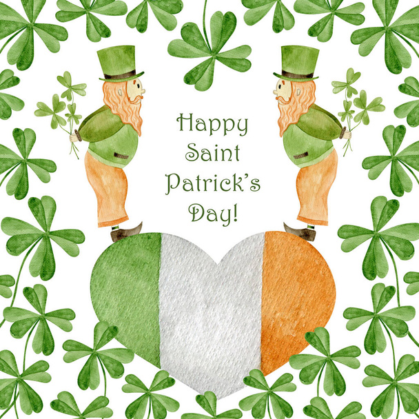 Watercolor greeting card for St. Patrick's Day. Hand drawn illustration with leprechauns - Foto, afbeelding