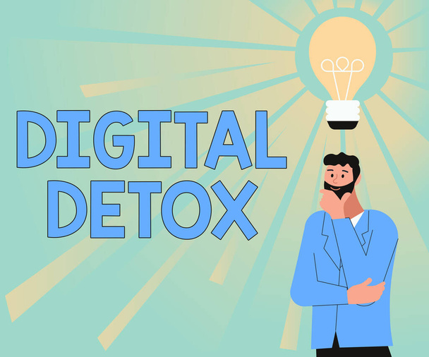 Writing displaying text Digital Detox. Business approach Free of Electronic Devices Disconnect to Reconnect Unplugged Illustration Of A Man Standing Coming Up With New Amazing Ideas. - Photo, Image
