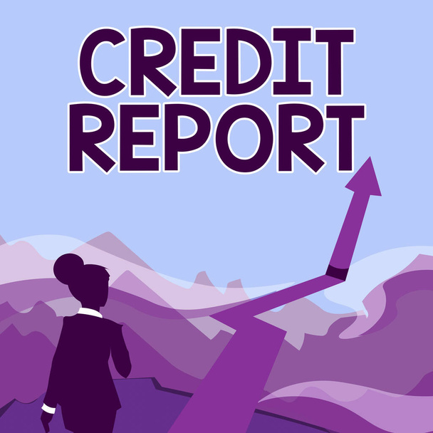 Kavramsal Başlık Kredi Raporu. Bu da demek oluyor ki Borç Ödeme Ödemeleri Borç Sayfası ve Ödemeler Tarihindeki Kadın Ok İşaretleme Başarıyla Dağlara Doğru Yürüyor - Fotoğraf, Görsel