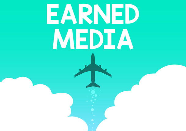 Conceptual caption Earned Media. Business concept Publicity gained through promotional efforts by multimedia Illustration Of Airplane Launching Fast Straight Up To The Skies. - Photo, Image