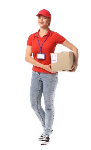 Female courier with parcel on white background - Foto, immagini