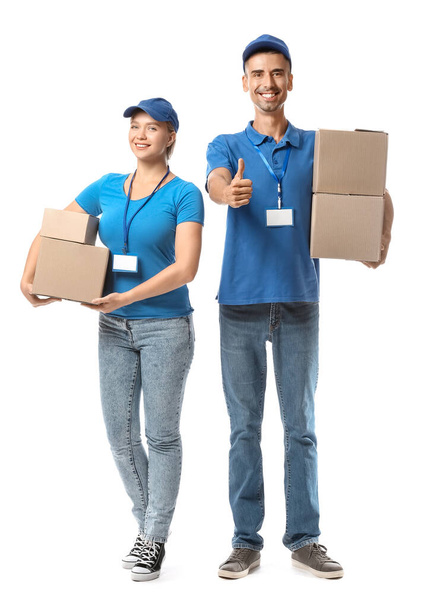 Couriers with parcels on white background - Valokuva, kuva