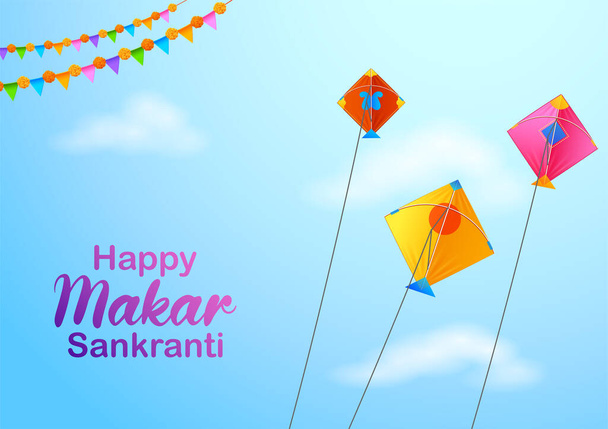 Makar Sankranti ταπετσαρία με πολύχρωμο χαρταετό για το φεστιβάλ της Ινδίας - Διάνυσμα, εικόνα