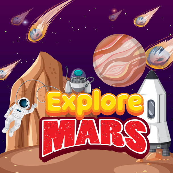 Explore Mars with Astronaut cartoon poster illustration - Wektor, obraz