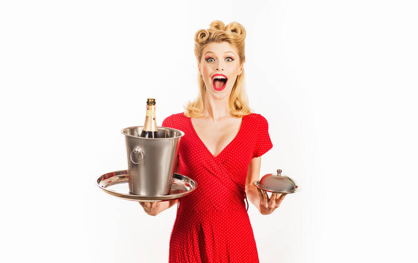 Pinup restaurant waiter with champagne and service tray. Serving presentation concept. - Foto, Imagem