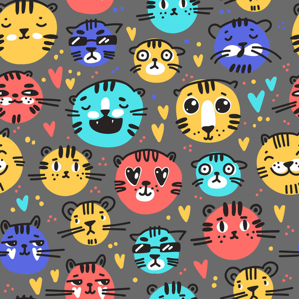 Seamless pattern with cute funny cartoon tigers in naive kid drawn style. Tiny animal muzzles. Vector illustration - Vector, Image